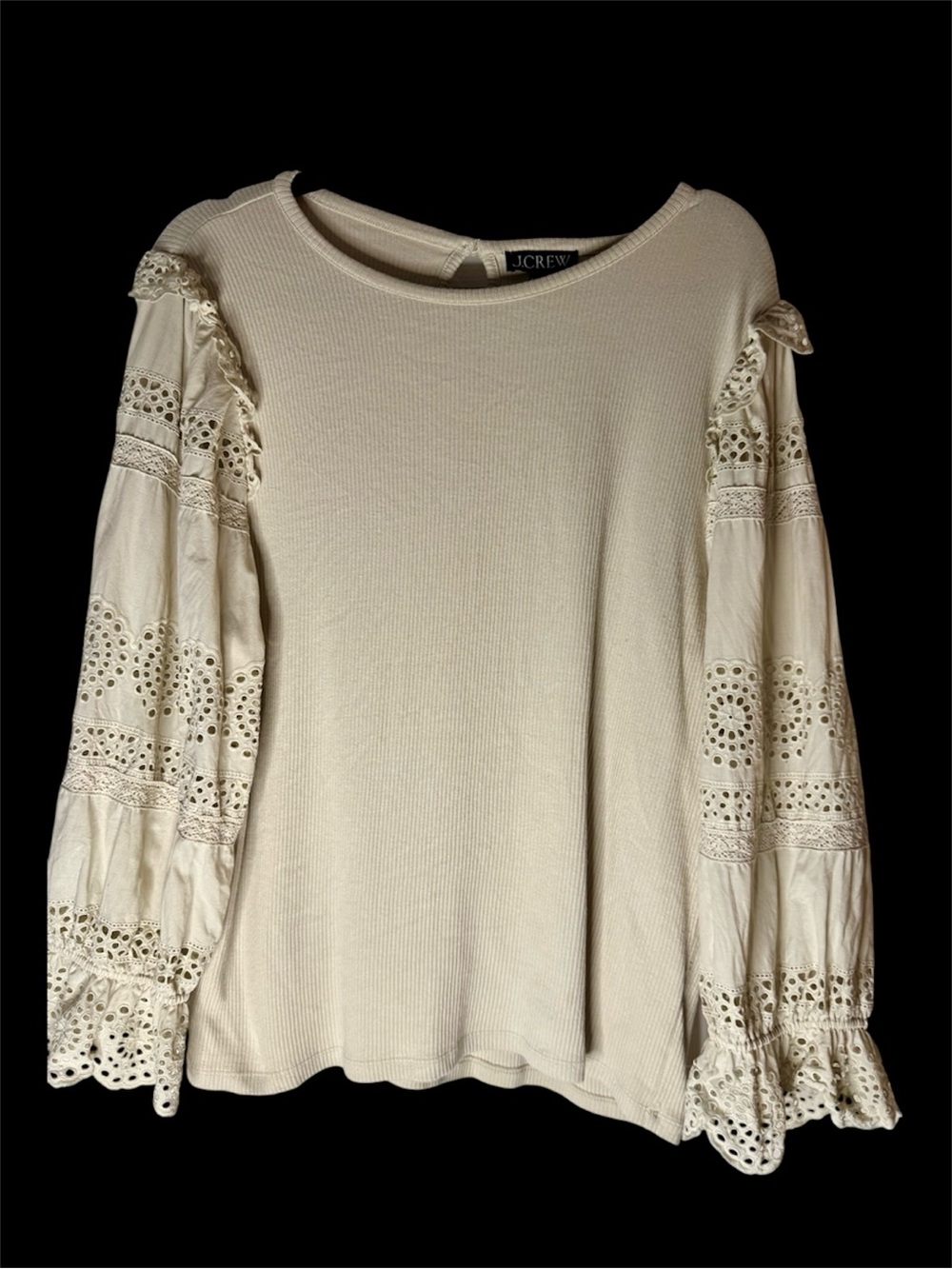 J.Crew Eyelet Sleeve Ribbed Top Cream Ivory XXL (Fits Like XL)